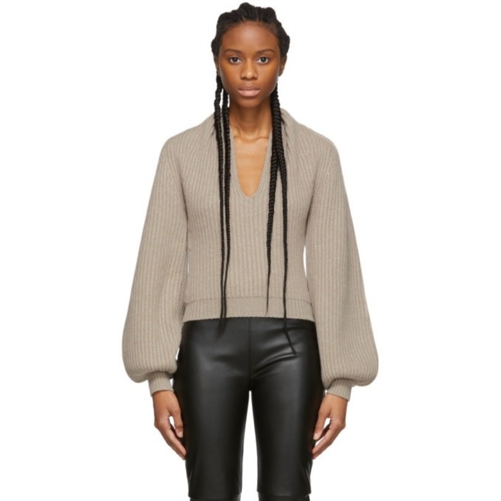Alexander Wang Wool Cashmere Rib Knit V-Neck Sweater Oatmeal Beige Small S Neutr